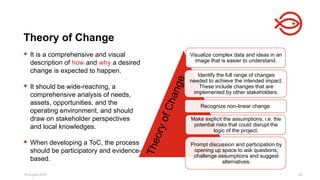 18 August 2025 20
 It is a comprehensive and visual
description of how and why a desired
change is expected to happen.
 It should be wide-reaching, a
comprehensive analysis of needs,
assets, opportunities, and the
operating environment, and should
draw on stakeholder perspectives
and local knowledges.
 When developing a ToC, the process
should be participatory and evidence-
based.
Theory of Change
Visualize complex data and ideas in an
image that is easier to understand.
Identify the full range of changes
needed to achieve the intended impact.
These include changes that are
implemented by other stakeholders.
Recognize non-linear change.
Make explicit the assumptions, i.e. the
potential risks that could disrupt the
logic of the project.
Prompt discussion and participation by
opening up space to ask questions,
challenge assumptions and suggest
alternatives.
T
h
e
o
r
y
o
f
C
h
a
n
g
e
 