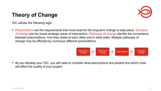18 August 2025 21
ToC utilizes the following logic:
 Preconditions are the requirements that must exist for the long-term change to take place. Domains
of change are the broad strategic areas of intervention. Pathways of change identify the connections
between preconditions, how they relate to each other and in what order. Multiple pathways of
change may be affected by numerous different preconditions.
 As you develop your ToC, you will need to consider what assumptions are present and which ones
will affect the quality of your project.
Theory of Change
Pathways of
Change
Domains of
Change
Preconditions
Long-term
Change
 