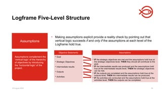 18 August 2025 30
Assumptions complement the
‘vertical logic’ of the hierarchy
of objectives by introducing
the ‘horizontal logic’ of the
project.
Assumptions
Logframe Five-Level Structure
• Making assumptions explicit provide a reality check by pointing out that
vertical logic succeeds if and only if the assumptions at each level of the
Logframe hold true.
Objective Statements
• Goal
• Strategic Objectives
• Intermediate results
• Outputs
• Activities
Assumptions
• IF the strategic objectives are met and the assumptions hold true at
the strategic objectives level, THEN they should all contribute to the
goal.
• IF the intermediate results are produced and the assumptions hold
true at the intermediate results level, THEN the strategic objectives
can be met.
• IF the outputs are completed and the assumptions hold true at the
outputs level, THEN the intermediate results can be produced.
• IF the activities are conducted and the assumptions hold true at the
activities level, THEN the outputs can be completed.
 