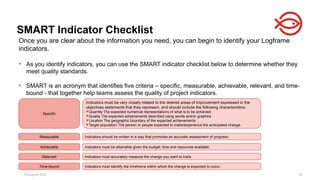 18 August 2025 35
SMART Indicator Checklist
Indicators must be very closely related to the desired areas of improvement expressed in the
objectives statements that they represent, and should include the following characteristics:
Quantity The expected numerical representations of what is to be achieved
Quality The expected achievements described using words and/or graphics
Location The geographic boundary of the expected achievements
Target population The person or people expected to make/experience the anticipated change.
Indicators should be written in a way that promotes an accurate assessment of progress.
Indicators must be attainable given the budget, time and resources available.
Indicators must accurately measure the change you want to track.
Indicators must identify the timeframe within which the change is expected to occur.
Specific
Measurable
Achievable
Relevant
Time-bound
Once you are clear about the information you need, you can begin to identify your Logframe
indicators.
• As you identify indicators, you can use the SMART indicator checklist below to determine whether they
meet quality standards.
• SMART is an acronym that identifies five criteria – specific, measurable, achievable, relevant, and time-
bound - that together help teams assess the quality of project indicators.
 