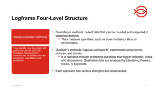 18 August 2025 40
They identify how the project will
gather the data to track the
indicators. Measurement
methods can be divided into two
categories: quantitative and
qualitative.
Measurement methods
Logframe Four-Level Structure
• Quantitative methods: collect data that can be counted and subjected to
statistical analysis.
 They measure quantities, such as pure numbers, ratios, or
percentages.
• Qualitative methods: capture participants’ experiences using words,
pictures, and stories.
 It is collected through prompting questions that trigger reflection, ideas,
and discussions. Qualitative data are analyzed by identifying themes,
topics, or keywords.
• Each approach has various strengths and weaknesses.
 