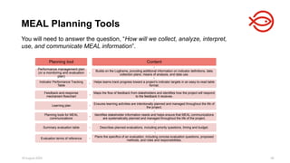 18 August 2025 48
You will need to answer the question, “How will we collect, analyze, interpret,
use, and communicate MEAL information”.
MEAL Planning Tools
Planning tool
Performance management plan
(or a monitoring and evaluation
plan)
Indicator Performance Tracking
Table
Feedback-and-response
mechanism flowchart
Learning plan
Planning tools for MEAL
communications
Summary evaluation table
Evaluation terms of reference
Content
Builds on the Logframe, providing additional information on indicator definitions, data
collection plans, means of analysis, and data use.
Helps teams track progress toward a project’s indicator targets in an easy-to-read table
format.
Maps the flow of feedback from stakeholders and identifies how the project will respond
to the feedback it receives.
Ensures learning activities are intentionally planned and managed throughout the life of
the project.
Identifies stakeholder information needs and helps ensure that MEAL communications
are systematically planned and managed throughout the life of the project.
Describes planned evaluations, including priority questions, timing and budget.
Plans the specifics of an evaluation, including concise evaluation questions, proposed
methods, and roles and responsibilities.
 