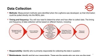 18 August 2025 52
 Methods: Measurement methods were identified when the Logframe was developed, so that information
could be pulled directly into the MEAL plan.
 Timing and frequency: You will now need to determine when and how often to collect data. The timing
and frequency of data collection will be based on different factors, including:
 Responsibility: Identify who is primarily responsible for collecting the data in question.

Data Collection
Resource
availability
Estimates of how
quickly change is
expected to occur
Seasonal
considerations
(this might include
planting and
harvest
calendars, school
schedules,
weather patterns,
and religious
holidays)
Donor reporting
requirements
Management and
decision-making
needs
 