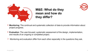 18 August 2025 6
 Monitoring: The continual and systematic collection of data to provide information about
project progress.
 Evaluation: The user-focused, systematic assessment of the design, implementation,
and results of an ongoing or completed project.
 Monitoring and evaluation differ from each other especially in the questions they ask.
Monitoring
Evaluation M&E: What do they
mean and how do
they differ?
 