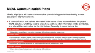 18 August 2025 63
Ideally, all projects will create communication plans to bring greater intentionality to meet
stakeholder information needs.
 A communication plan defines who needs to be aware of and informed about the project
MEAL activities, what they need to know, how and how often information will be distributed,
and who will be responsible for the distribution. Generally, it should include the:
MEAL Communication Plans
Target stakeholder
• Stakeholders have different information needs and different communication preferences.
Information needs
• What does each audience need to know? This may include stakeholder information needs on project goals and objectives,
access to and use of feedback-and-response mechanisms, project progress, changes and updates, and results of learning
efforts.
Communications methods
• Information should be as accessible as possible with stakeholder preferences in mind.
Timing and frequency
• Often, different stakeholders require information at different times.
 