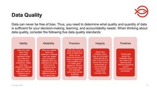 18 August 2025 74
Data can never be free of bias. Thus, you need to determine what quality and quantity of data
is sufficient for your decision-making, learning, and accountability needs. When thinking about
data quality, consider the following five data quality standards:
Data Quality
Validity
Data are valid
when they
accurately
represent what
you intend to
measure (the
indicators). Make
sure your
collection methods
will collect the
data you want to
measure your
indicators.
Reliability
Data are reliable
when the
collection methods
used are stable
and consistent.
Reliable data are
collected by using
tools such as
questionnaires
that can be
implemented at
different times in
the same way.
Precision
Data are precise
when they have a
level of detail that
gives you an
accurate picture of
what is happening
and enables you
to make good
decisions. Ensure
that precise data
are collected
using appropriate
sampling
methods.
Integrity
Data have
integrity when
they are accurate.
Data should be
free of the kind of
errors that occur,
consciously or
unconsciously,
when people
collect and
manage data.
Timelines
Timely data
should be
available when
you need it for
learning that
informs decisions
and for
communication
processes.
 