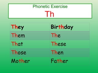 Phonetic Exercise
Th
They Birthday
Them The
That These
Those Then
Mother Father
 