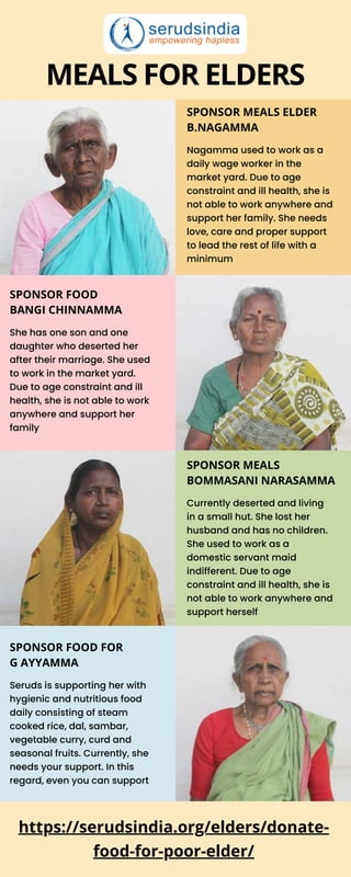 MEALS FOR ELDERS
SPONSOR MEALS ELDER
B.NAGAMMA
Nagamma used to work as a
daily wage worker in the
market yard. Due to age
constraint and ill health, she is
not able to work anywhere and
support her family. She needs
love, care and proper support
to lead the rest of life with a
minimum
https://serudsindia.org/elders/donate-
food-for-poor-elder/
SPONSOR FOOD
BANGI CHINNAMMA
She has one son and one
daughter who deserted her
after their marriage. She used
to work in the market yard.
Due to age constraint and ill
health, she is not able to work
anywhere and support her
family
SPONSOR MEALS
BOMMASANI NARASAMMA
Currently deserted and living
in a small hut. She lost her
husband and has no children.
She used to work as a
domestic servant maid
indifferent. Due to age
constraint and ill health, she is
not able to work anywhere and
support herself
SPONSOR FOOD FOR
G AYYAMMA
Seruds is supporting her with
hygienic and nutritious food
daily consisting of steam
cooked rice, dal, sambar,
vegetable curry, curd and
seasonal fruits. Currently, she
needs your support. In this
regard, even you can support
 