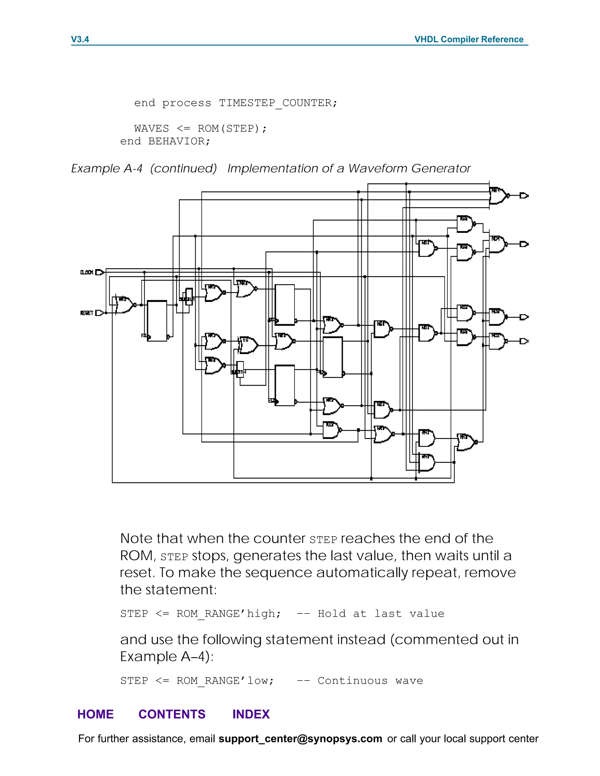 V3.4                                                               VHDL Compiler Reference




            end process TIMESTEP_COUNTER;

           WAVES <= ROM(STEP);
         end BEHAVIOR;

Example A-4 (continued) Implementation of a Waveform Generator




         Note that when the counter STEP reaches the end of the
         ROM, STEP stops, generates the last value, then waits until a
         reset. To make the sequence automatically repeat, remove
         the statement:
         STEP <= ROM_RANGE’high;            –– Hold at last value

         and use the following statement instead (commented out in
         Example A–4):
         STEP <= ROM_RANGE’low;             –– Continuous wave

 HOME       CONTENTS           INDEX
 For further assistance, email support_center@synopsys.com or call your local support center
 
