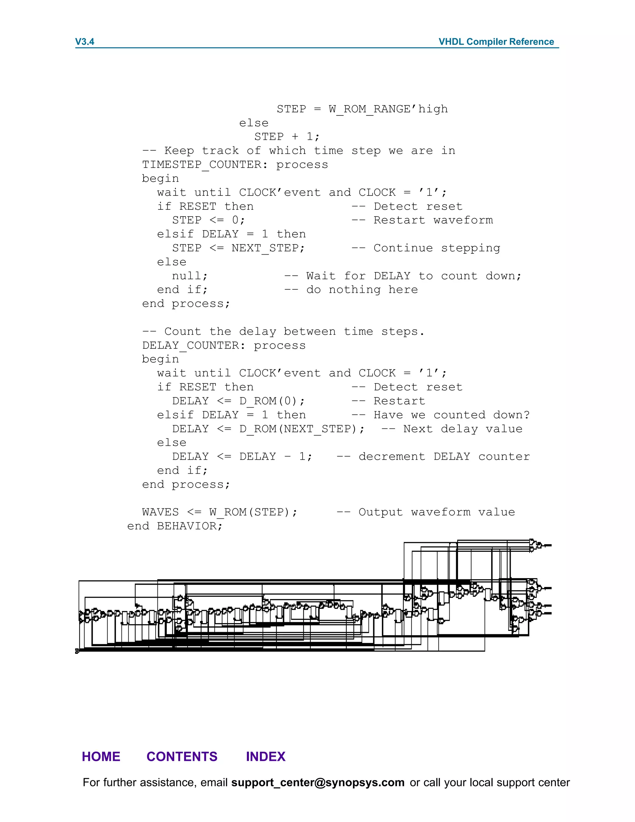 V3.4                                                               VHDL Compiler Reference




                               STEP = W_ROM_RANGE’high
                         else
                            STEP + 1;
            –– Keep track of which time step we are in
            TIMESTEP_COUNTER: process
            begin
              wait until CLOCK’event and CLOCK = ’1’;
              if RESET then              –– Detect reset
                STEP <= 0;               –– Restart waveform
              elsif DELAY = 1 then
                STEP <= NEXT_STEP;       –– Continue stepping
              else
                null;           –– Wait for DELAY to count down;
              end if;           –– do nothing here
            end process;

            –– Count the delay between time steps.
            DELAY_COUNTER: process
            begin
              wait until CLOCK’event and CLOCK = ’1’;
              if RESET then             –– Detect reset
                DELAY <= D_ROM(0);      –– Restart
              elsif DELAY = 1 then      –– Have we counted down?
                DELAY <= D_ROM(NEXT_STEP); –– Next delay value
              else
                DELAY <= DELAY – 1;   –– decrement DELAY counter
              end if;
            end process;

           WAVES <= W_ROM(STEP);                –– Output waveform value
         end BEHAVIOR;




 HOME       CONTENTS           INDEX
 For further assistance, email support_center@synopsys.com or call your local support center
 