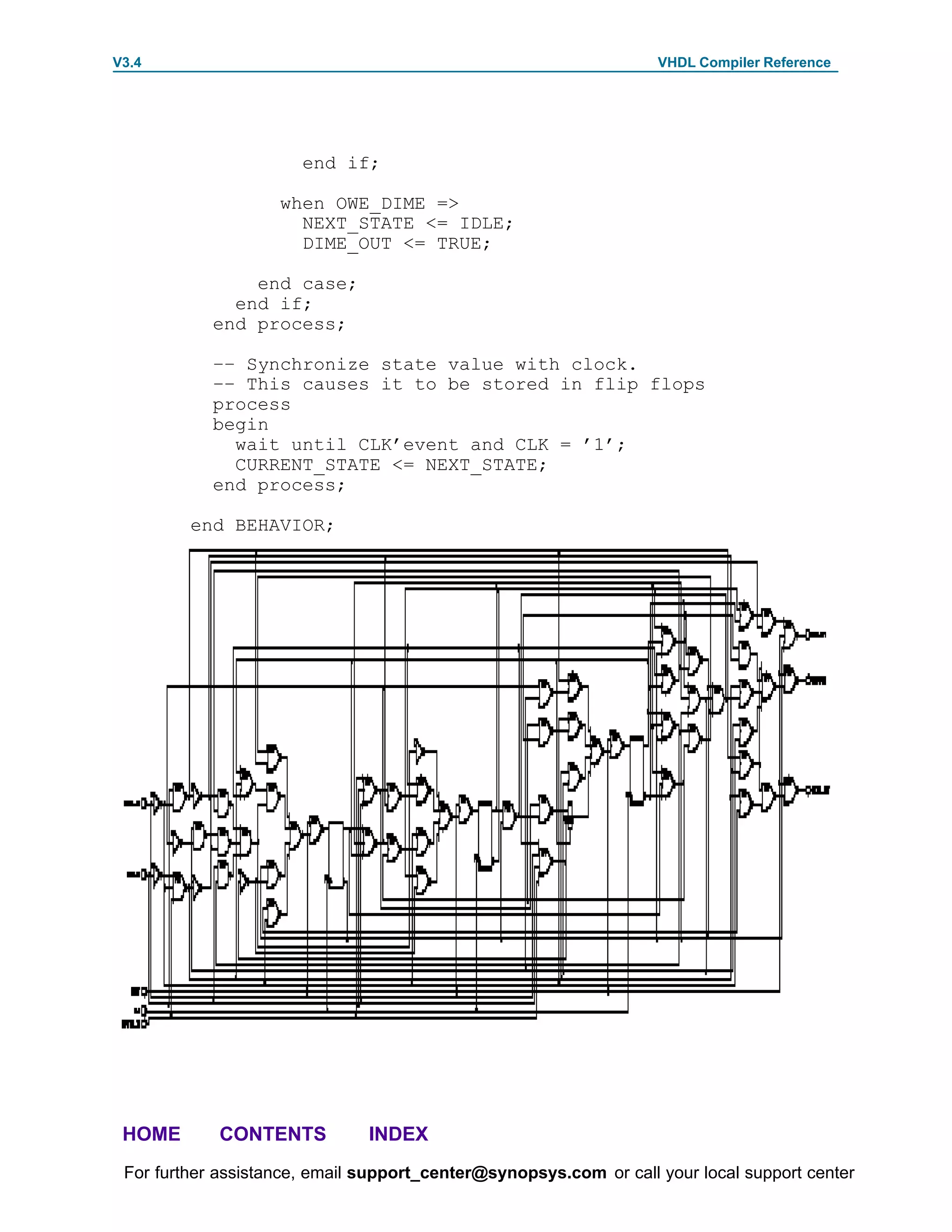 V3.4                                                               VHDL Compiler Reference




                       end if;

                    when OWE_DIME =>
                      NEXT_STATE <= IDLE;
                      DIME_OUT <= TRUE;

                end case;
              end if;
            end process;

            –– Synchronize state value with clock.
            –– This causes it to be stored in flip flops
            process
            begin
              wait until CLK’event and CLK = ’1’;
              CURRENT_STATE <= NEXT_STATE;
            end process;

         end BEHAVIOR;




 HOME       CONTENTS           INDEX
 For further assistance, email support_center@synopsys.com or call your local support center
 