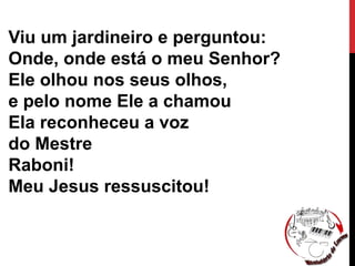 Viu um jardineiro e perguntou:
Onde, onde está o meu Senhor?
Ele olhou nos seus olhos,
e pelo nome Ele a chamou
Ela reconheceu a voz
do Mestre
Raboni!
Meu Jesus ressuscitou!
 