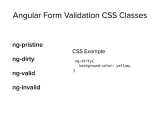 Angular Form Validation CSS Classes
ng-pristine
ng-dirty
ng-valid
ng-invalid
.ng-dirty{
background-color: yellow;
}
CSS Example
 