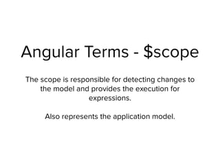 Angular Terms - $scope
The scope is responsible for detecting changes to
the model and provides the execution for
expressions. 
 
Also represents the application model.
 