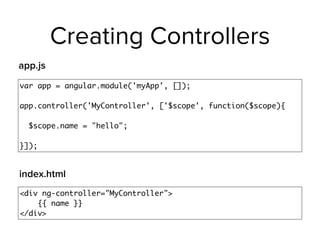 Creating Controllers
var app = angular.module('myApp', []);
app.controller('MyController', ['$scope', function($scope){
$scope.name = "hello";
}]);
<div ng-controller="MyController">
{{ name }}
</div>
app.js
index.html
 