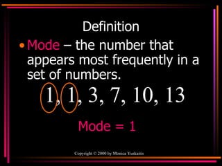 Definition Mode   – the number that appears most frequently in a set of numbers. 1, 1, 3, 7, 10, 13 Mode = 1 