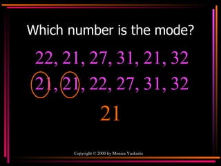 Which number is the mode? 22, 21, 27, 31, 21, 32  21 21, 21, 22, 27, 31, 32 