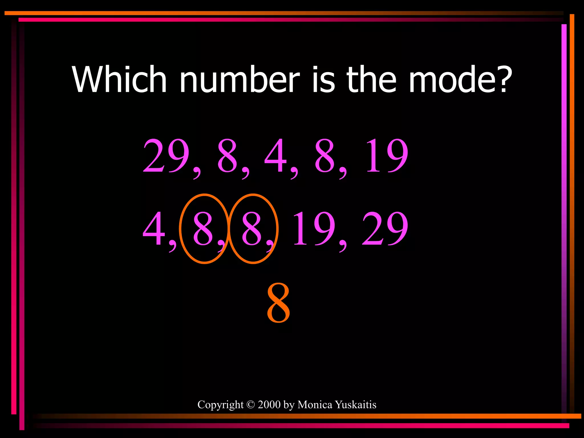 Copyright © 2000 by Monica Yuskaitis
Which number is the mode?
29, 8, 4, 8, 19
8
4, 8, 8, 19, 29
 