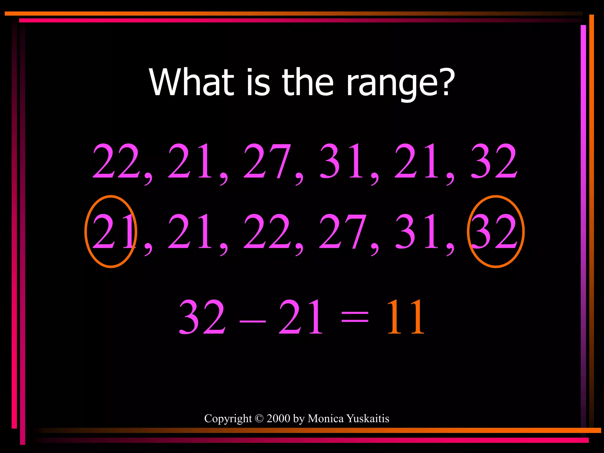 Copyright © 2000 by Monica Yuskaitis
What is the range?
22, 21, 27, 31, 21, 32
32 – 21 = 11
21, 21, 22, 27, 31, 32
 