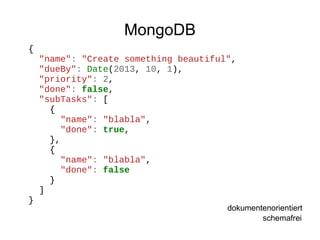 MongoDB
{

}

"name": "Create something beautiful",
"dueBy": Date(2013, 10, 1),
"priority": 2,
"done": false,
"subTasks": [
{
"name": "blabla",
"done": true,
},
{
"name": "blabla",
"done": false
}
]
dokumentenorientiert
schemafrei

 