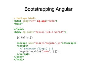 Bootstrapping Angular
<!doctype html>
<html lang="en" ng-app="demo">
<head>
...
</head>
<body ng-init="hello='Hello World'">
{{ hello }}
<script src="assets/angular.js"></script>
<script>
// separate file(s) (!)
angular.module("demo", []);
</script>
</body>
</html>

 