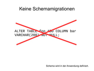 Keine Schemamigrationen

ALTER TABLE foo ADD COLUMN bar
VARCHAR(200) NOT NULL;

Schema wird in der Anwendung definiert.

 
