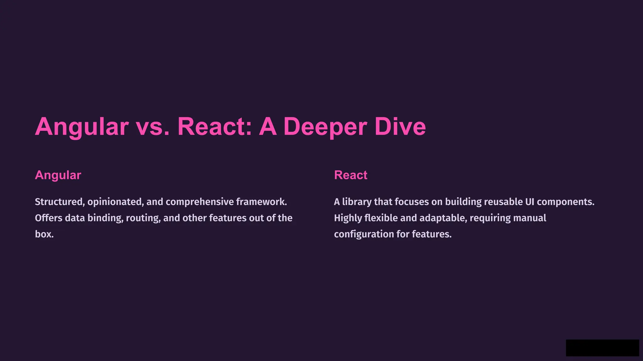 Angular vs. React: A Deeper Dive
Angular
Structured, opinionated, and comprehensive framework.
Offers data binding, routing, and other features out of the
box.
React
A library that focuses on building reusable UI components.
Highly flexible and adaptable, requiring manual
configuration for features.
 