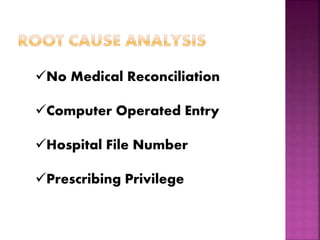 No Medical Reconciliation
Computer Operated Entry
Hospital File Number
Prescribing Privilege
 