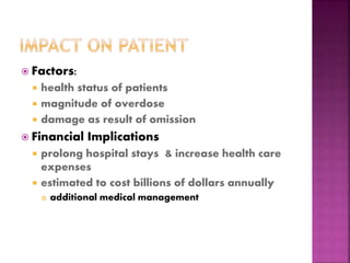  Factors:
 health status of patients
 magnitude of overdose
 damage as result of omission
 Financial Implications
 prolong hospital stays & increase health care
expenses
 estimated to cost billions of dollars annually
 additional medical management
 
