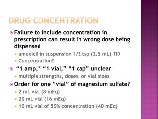  Failure to include concentration in
prescription can result in wrong dose being
dispensed
 amoxicillin suspension 1/2 tsp (2.5 mL) TID
 Concentration?
 “1 amp,” “1 vial,” “1 cap” unclear
 multiple strengths, doses, or vial sizes
 Order for one “vial” of magnesium sulfate?
 2 mL vial (8 mEq)
 20 mL vial (16 mEq)
 10 mL vial of 50% concentration (40 mEq)
 