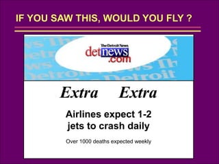 Extra Extra
Airlines expect 1-2
jets to crash daily
Over 1000 deaths expected weekly
 
