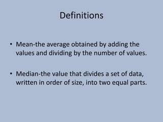 DefinitionsMean-the average obtained by adding the values and dividing by the number of values.Median-the value that divides a set of data, written in order of size, into two equal parts.