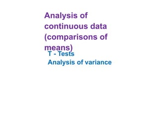 Analysis of
continuous data
(comparisons of
means)
T - Tests
Analysis of variance
 