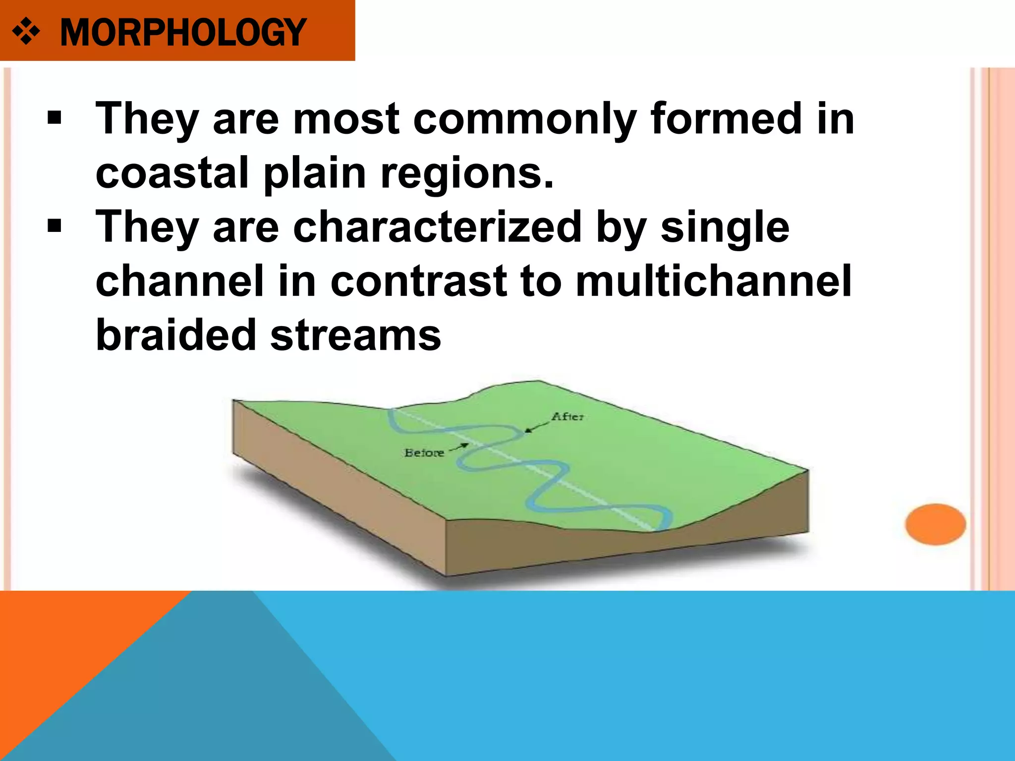  MORPHOLOGY
 They are most commonly formed in
coastal plain regions.
 They are characterized by single
channel in contrast to multichannel
braided streams
 