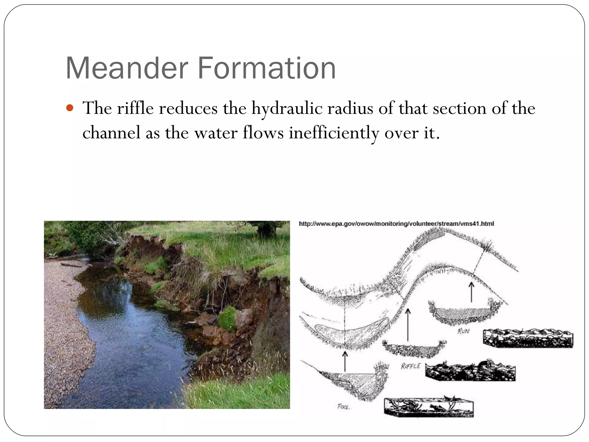 Meander Formation The riffle reduces the hydraulic radius of that section of the channel as the water flows inefficiently over it. 