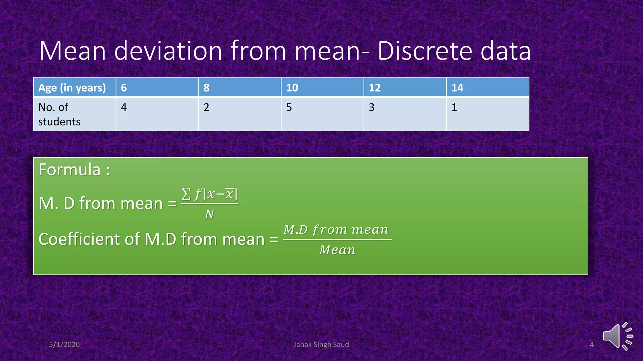 Mean deviation from mean- Discrete data
Formula :
M. D from mean =
𝑓 𝑥−𝑥
𝑁
Coefficient of M.D from mean =
𝑀.𝐷 𝑓𝑟𝑜𝑚 𝑚𝑒𝑎𝑛
𝑀𝑒𝑎𝑛
Age (in years) 6 8 10 12 14
No. of
students
4 2 5 3 1
5/1/2020 Janak Singh Saud 4
 