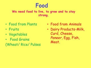Food
We need food to live, to grow and to stay
strong.
• Food from Plants
• Fruits
• Vegetables
• Food Grains
(Wheat/ Rice/ Pulses
• Food from Animals
• Dairy Products-Milk,
Curd, Cheese,
Paneer, Egg, Fish,
Meat.
 