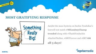MOST GRATIFYING RESPONSE
Amidst the mass hysteria on Sachin Tendulkar’s
farewell test match #MEandmyChamp
trended along with #ThankYouSachin
#SachinTheStar, #SRTForever and #SRT on

all 3 days!

 