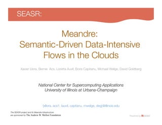 SEASR: 

                 Meandre: !
        Semantic-Driven Data-Intensive !
            Flows in the Clouds 
         Xavier Llora, Bernie Acs, Loretta Auvil, Boris Capitanu, Michael Welge, David Goldberg




                           National Center for Supercomputing Applications!
                              University of Illinois at Urbana-Champaign
                                                                       


                               {xllora, acs1, lauvil, capitanu, mwelge, deg}@illinois.edu
The SEASR project and its Meandre infrastructure!
are sponsored by The Andrew W. Mellon Foundation
 