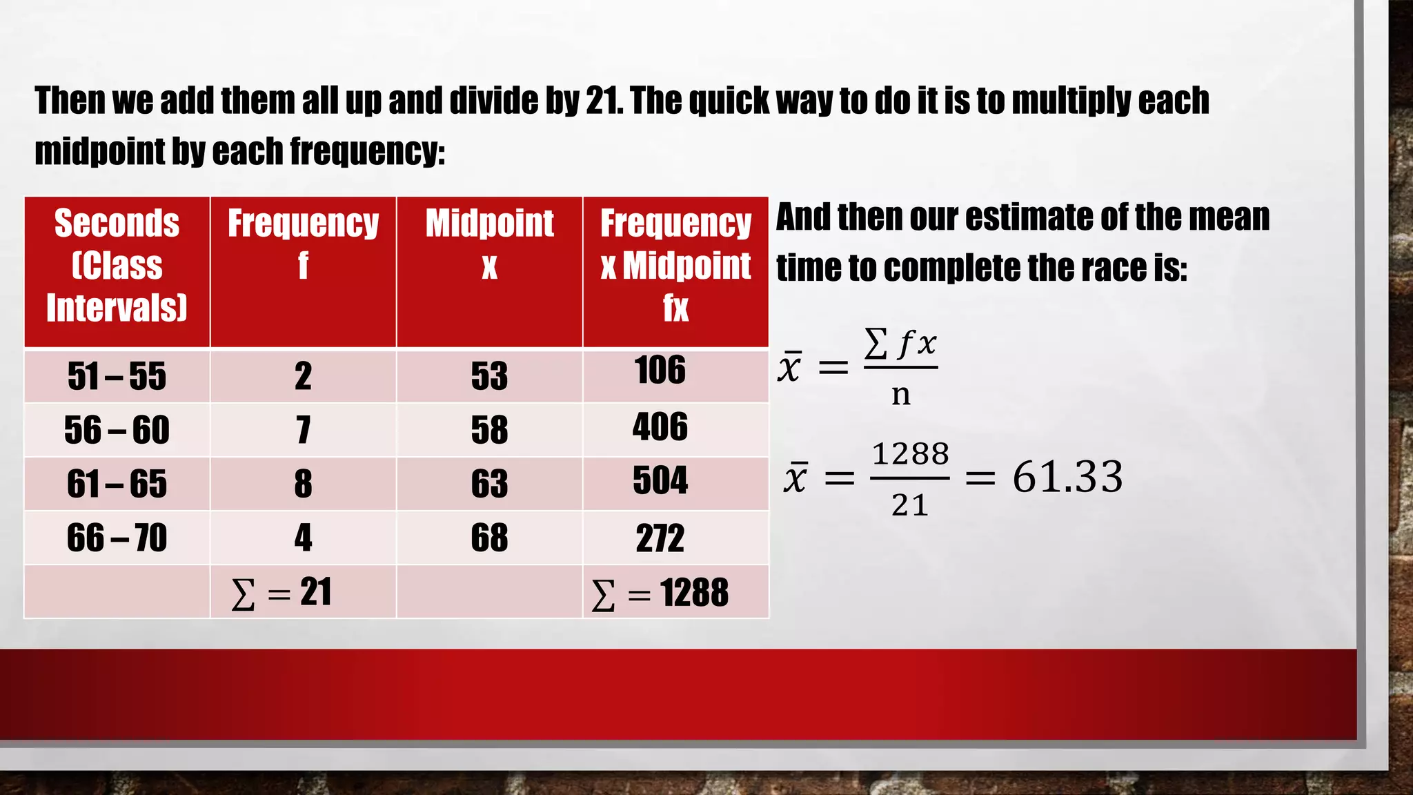 Then we add them all up and divide by 21. The quick way to do it is to multiply each
midpoint by each frequency:
And then our estimate of the mean
time to complete the race is:
𝑥 =
𝑓𝑥
n
𝑥 =
1288
21
= 61.33
Seconds
(Class
Intervals)
Frequency
f
Midpoint
x
Frequency
x Midpoint
fx
51 – 55 2 53
56 – 60 7 58
61 – 65 8 63
66 – 70 4 68
106
406
504
272
= 1288= 21
 