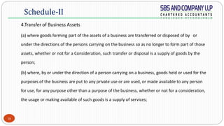 16
4.Transfer of Business Assets
(a) where goods forming part of the assets of a business are transferred or disposed of by or
under the directions of the persons carrying on the business so as no longer to form part of those
assets, whether or not for a Consideration, such transfer or disposal is a supply of goods by the
person;
(b) where, by or under the direction of a person carrying on a business, goods held or used for the
purposes of the business are put to any private use or are used, or made available to any person
for use, for any purpose other than a purpose of the business, whether or not for a consideration,
the usage or making available of such goods is a supply of services;
Schedule-II
 