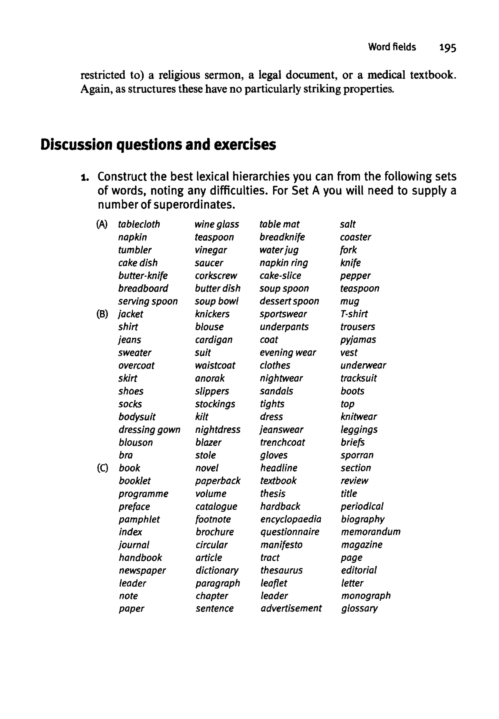 Word fields 195
restricted to) a religious sermon, a legal document, or a medical textbook.
Again, as structures these have no particularly striking properties.
Discussion questions and exercises
1. Constructthe best lexical hierarchies you canfrom the following sets
of words, noting any difficulties. ForSet A you will need to supply a
number of superordinates.
(A) tablecloth
napkin
tumbler
cake dish
butter-knife
breadboard
serving spoon
(B) jacket
shirt
jeans
sweater
overcoat
skirt
shoes
socks
bodysuit
dressing gown
blouson
bra
(C) book
booklet
programme
preface
pamphlet
index
journal
handbook
newspaper
leader
note
paper
wine glass
teaspoon
vinegar
saucer
corkscrew
butterdish
soup bowl
knickers
blouse
cardigan
suit
waistcoat
anorak
slippers
stockings
kilt
nightdress
blazer
stole
novel
paperback
volume
catalogue
footnote
brochure
circular
article
dictionary
paragraph
chapter
sentence
table mat
breadknife
waterjug
napkin ring
cake-slice
soup spoon
dessertspoon
sportswear
underpants
coat
evening wear
clothes
nightwear
sandals
tights
dress
jeanswear
trenchcoat
gloves
headline
textbook
thesis
hardback
encyclopaedia
questionnaire
manifesto
tract
thesaurus
leaflet
leader
advertisement
salt
coaster
fork
knife
pepper
teaspoon
mug
T-shirt
trousers
pyjamas
vest
underwear
tracksuit
boots
top
knitwear
leggings
briefs
sporran
section
review
title
periodical
biography
memorandum
magazine
page
editorial
letter
monograph
glossary
 