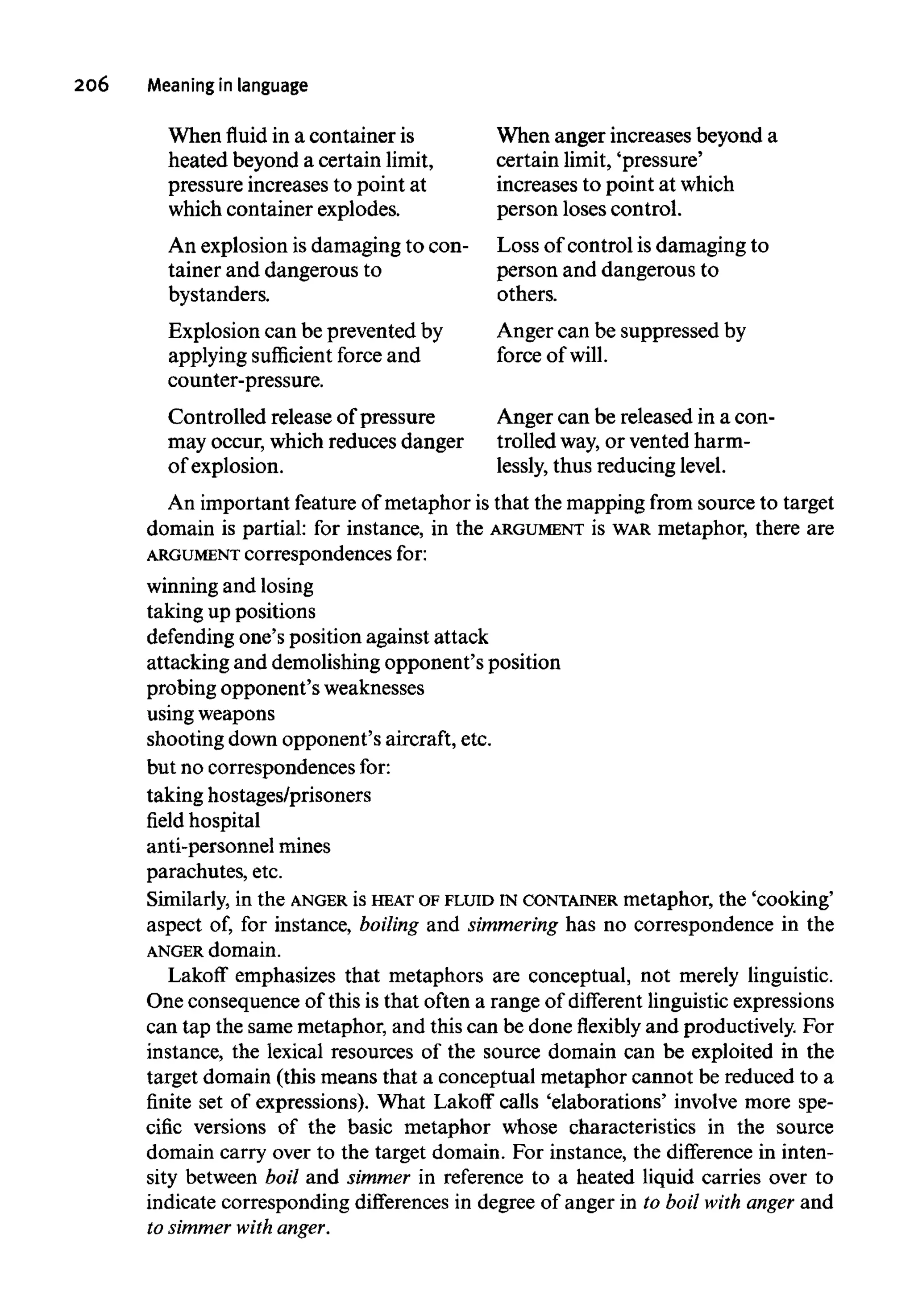 206 Meaning in language
When fluid in a container is
heated beyond a certain limit,
pressure increases to point at
which container explodes.
An explosion is damaging to con-
tainer and dangerous to
bystanders.
Explosion can be prevented by
applying sufficient force and
counter-pressure.
Controlled release of pressure
may occur, which reduces danger
of explosion.
When anger increases beyond a
certain limit, 'pressure'
increases to point at which
person loses control.
Loss of control is damaging to
person and dangerous to
others.
Anger can be suppressed by
force of will.
Anger can be released in a con-
trolled way, or vented harm-
lessly, thus reducing level.
An important feature of metaphor is that the mapping from source to target
domain is partial: for instance, in the ARGUMENT is WARmetaphor, there are
ARGUMENT correspondences for:
winning and losing
taking up positions
defending one's position against attack
attacking and demolishing opponent's position
probing opponent's weaknesses
usingweapons
shooting down opponent's aircraft, etc.
but no correspondences for:
taking hostages/prisoners
fieldhospital
anti-personnel mines
parachutes, etc.
Similarly, in the ANGER is HEAT OF FLUID INCONTAINER metaphor, the 'cooking'
aspect of, for instance, boiling and simmeringhas no correspondence in the
ANGER domain.
Lakoff emphasizes that metaphors are conceptual, not merely linguistic.
One consequence of this is that often a range of different linguistic expressions
can tap the same metaphor, and this can be doneflexiblyand productively.For
instance, the lexical resources of the source domain can be exploited in the
target domain (this means that a conceptual metaphor cannot be reduced to a
finite set of expressions). What Lakoff calls 'elaborations' involve more spe-
cific versions of the basic metaphor whose characteristics in the source
domain carry over to the target domain. For instance, the difference in inten-
sity between boil and simmer in reference to a heated liquid carries over to
indicate corresponding differences in degree of anger in to boil with anger and
to simmerwith anger.
 