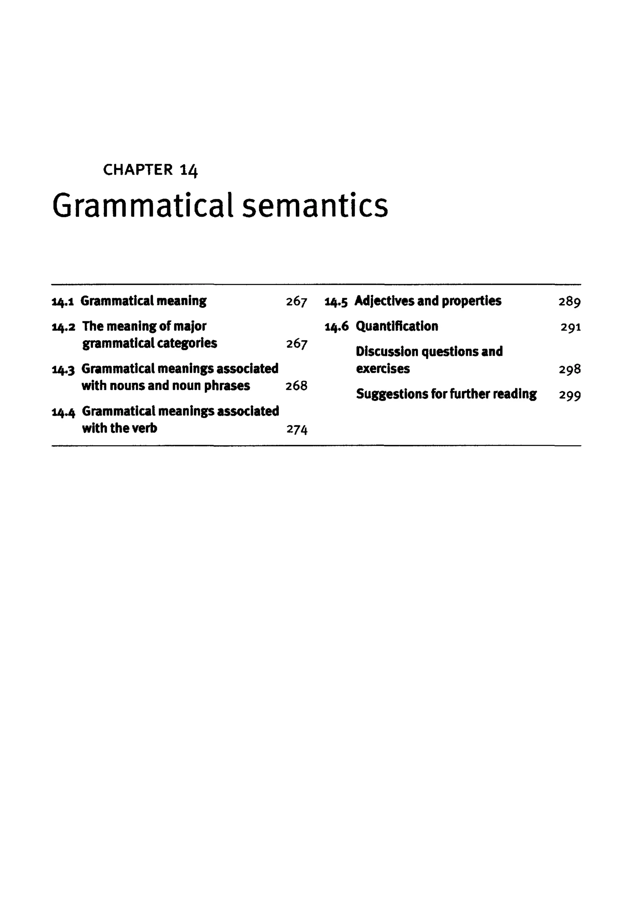 CHAPTER 14
Grammatical semantics
14.1 Grammatical meaning 267
14.2 The meaning of major
grammatical categories 267
14.3 Grammatical meaningsassociated
with nounsand noun phrases 268
14.4 Grammatical meanings associated
with the verb 274
14.5 Adjectivesand properties 289
14.6 Quantification 291
Discussion questions and
exercises 298
Suggestions for further reading 299
 