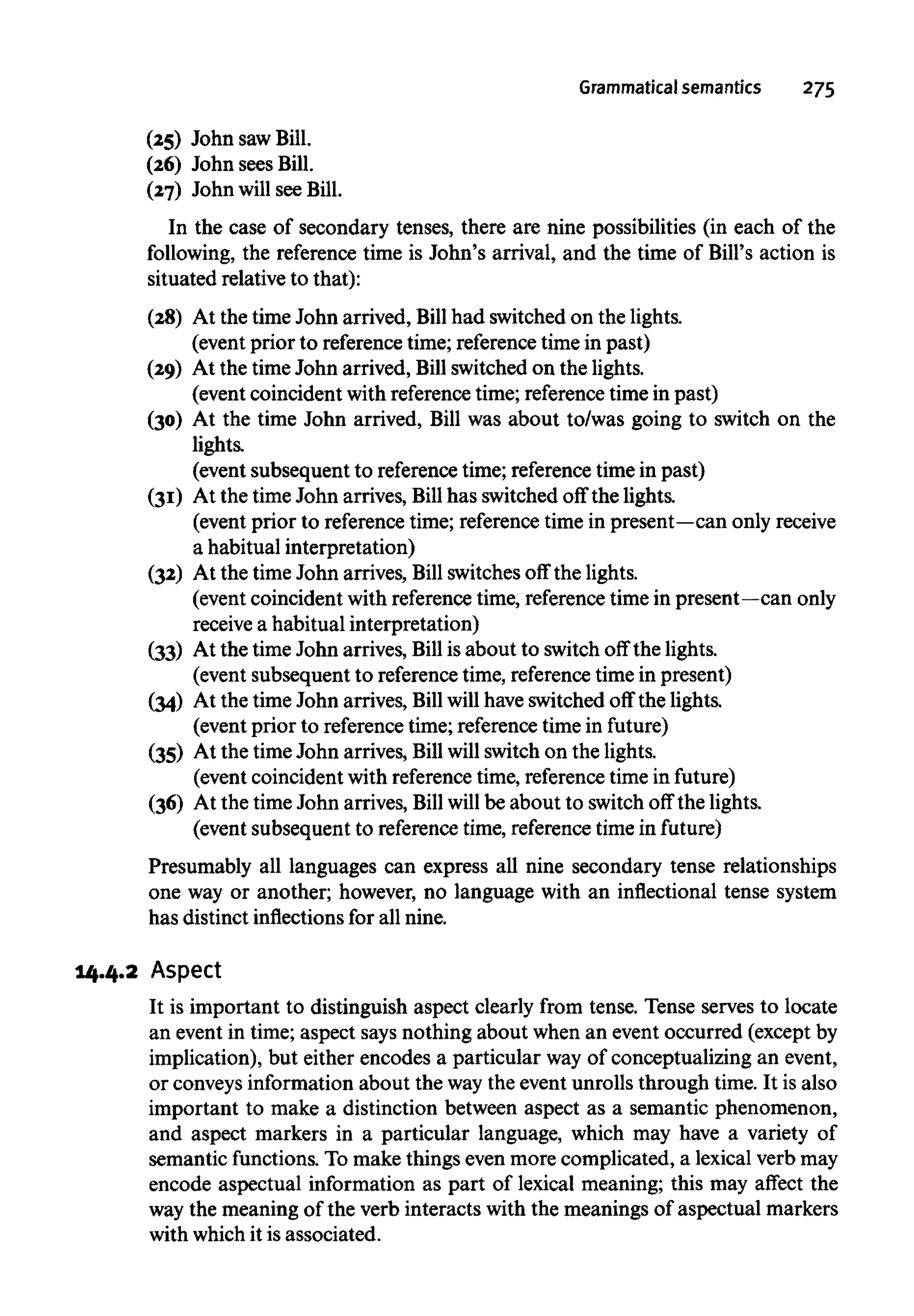Grammatical semantics 275
(25) John sawBill.
(26) John seesBill.
(27) John will seeBill.
In the case of secondary tenses, there are nine possibilities (in each of the
following, the reference time is John's arrival, and the time of Bill's action is
situated relative to that):
(28) At the time John arrived, Bill had switched on the lights.
(event prior to reference time; referencetime in past)
(29) At the time John arrived, Billswitched on the lights.
(event coincident with referencetime; referencetime in past)
(30) At the time John arrived, Bill was about to/was going to switch on t
lights.
(event subsequent to referencetime; referencetime in past)
(31) At the time John arrives, Bill has switched off the lights.
(event prior to referencetime; referencetime in present—canonly recei
a habitual interpretation)
(32) At the timeJohn arrives, Bill switchesoff the lights.
(event coincident with referencetime, referencetime in present—can or
receive a habitual interpretation)
(33) At the time John arrives, Bill is about to switch off thelights.
(event subsequent to referencetime, referencetime in present)
(34) At the timeJohn arrives, Bill willhave switched off the lights.
(event prior to referencetime; referencetime in future)
(35) At the timeJohn arrives, Bill will switch on the lights.
(event coincidentwith referencetime, referencetime in future)
(36) At the time John arrives, Bill will be about to switch off thelights.
(event subsequent to reference time, reference time in future)
Presumably all languages can express all nine secondary tense relationships
one way or another; however, no language with an inflectional tense system
has distinct inflections for all nine.
14.4.2 Aspect
It is important to distinguish aspect clearly from tense. Tense serves to locate
an event in time; aspect saysnothing about when an event occurred (exceptby
implication), but either encodes a particular way of conceptualizing an event,
or conveysinformation about the way the event unrolls through time. It is also
important to make a distinction between aspect as a semantic phenomenon,
and aspect markers in a particular language, which may have a variety of
semantic functions.To make things even more complicated, a lexical verb may
encode aspectual information as part of lexical meaning; this may affect the
way the meaning of the verb interacts with the meanings of aspectual markers
with whichit is associated.
 