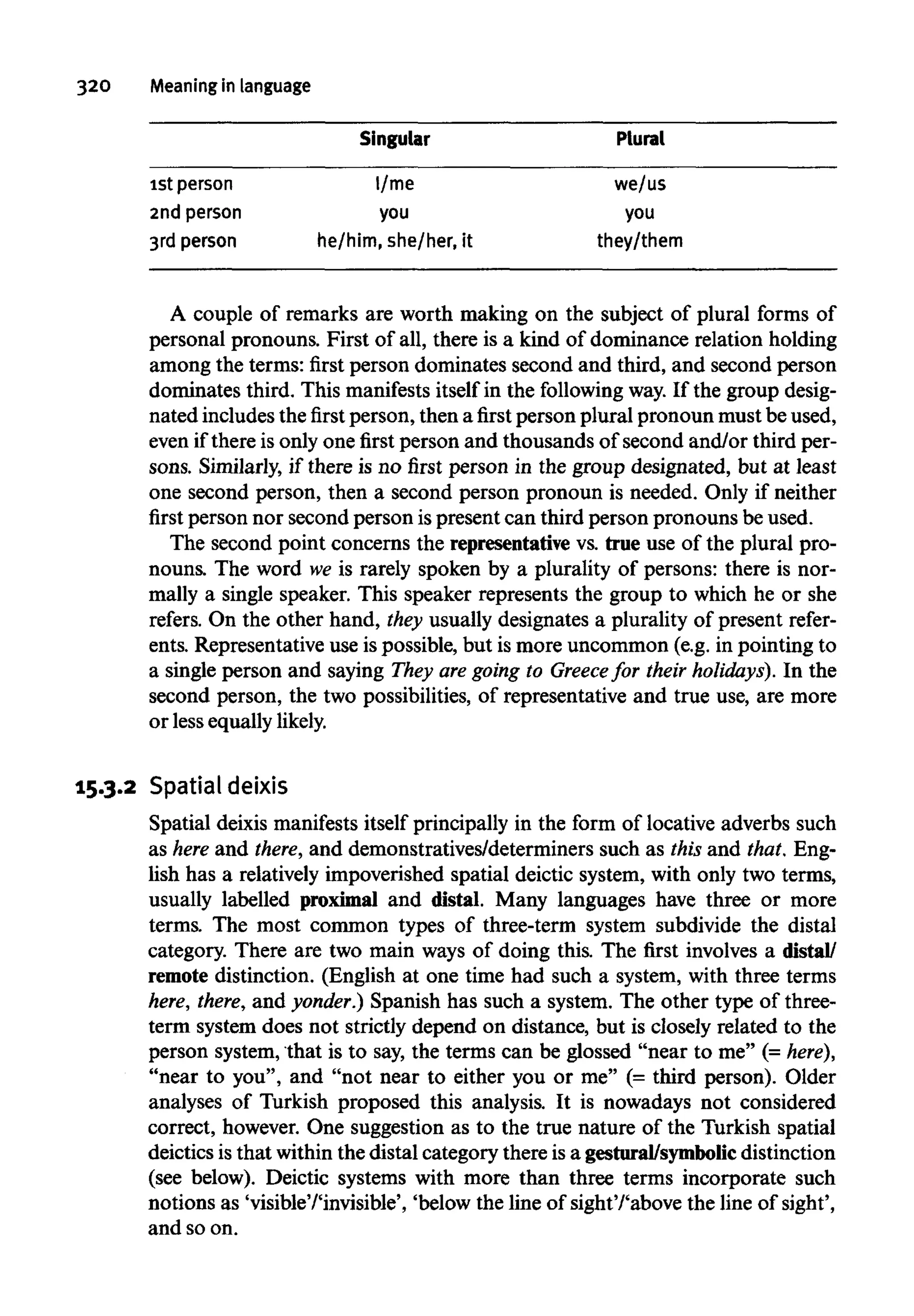 320 Meaningin language
Singular Plural
1stperson
2nd person
3rd person
I/me
you
he/him, she/her, it
we/us
you
they/them
A couple of remarks are worth making on the subject of plural forms of
personal pronouns. First of all, there is a kind of dominance relation holding
among the terms: first person dominates second and third, and second person
dominates third. This manifests itself in the following way.If the group desig-
nated includesthefirstperson, then afirstperson plural pronoun must be used,
even if there is only one first person and thousands of second and/or third per-
sons. Similarly, if there is no first person in the group designated, but at least
one second person, then a second person pronoun is needed. Only if neither
first person nor second person ispresent can third person pronouns be used.
The second point concerns the representative vs. true use of the plural pro-
nouns. The word we is rarely spoken by a plurality of persons: there is nor-
mally a single speaker. This speaker represents the group to which he or she
refers. On the other hand, they usually designates a plurality of present refer-
ents. Representative use is possible, but is more uncommon (e.g. in pointing to
a single person and saying They are going to Greecefor their holidays). In the
second person, the two possibilities, of representative and true use, are more
or lessequally likely.
15.3.2 Spatialdeixis
Spatial deixis manifests itself principally in the form of locative adverbs such
as here and there, and demonstratives/determiners such as this and that. Eng-
lish has a relatively impoverished spatial deictic system, with only two terms,
usually labelled proximal and distal. Many languages have three or more
terms. The most common types of three-term system subdivide the distal
category. There are two main ways of doing this. The first involves a distal/
remote distinction. (English at one time had such a system, with three terms
here, there, and yonder.) Spanish has such a system. The other type of three-
term system does not strictly depend on distance, but is closely related to the
person system, that is to say, the terms can be glossed "near to me" (= here),
"near to you", and "not near to either you or me" (= third person). Older
analyses of Turkish proposed this analysis. It is nowadays not considered
correct, however. One suggestion as to the true nature of the Turkish spatial
deictics isthat within the distal category there isa gestural/symbolicdistinction
(see below). Deictic systems with more than three terms incorporate such
notions as 'visible'/'invisible', 'below the line of sight'/'above the line of sight',
and so on.
 