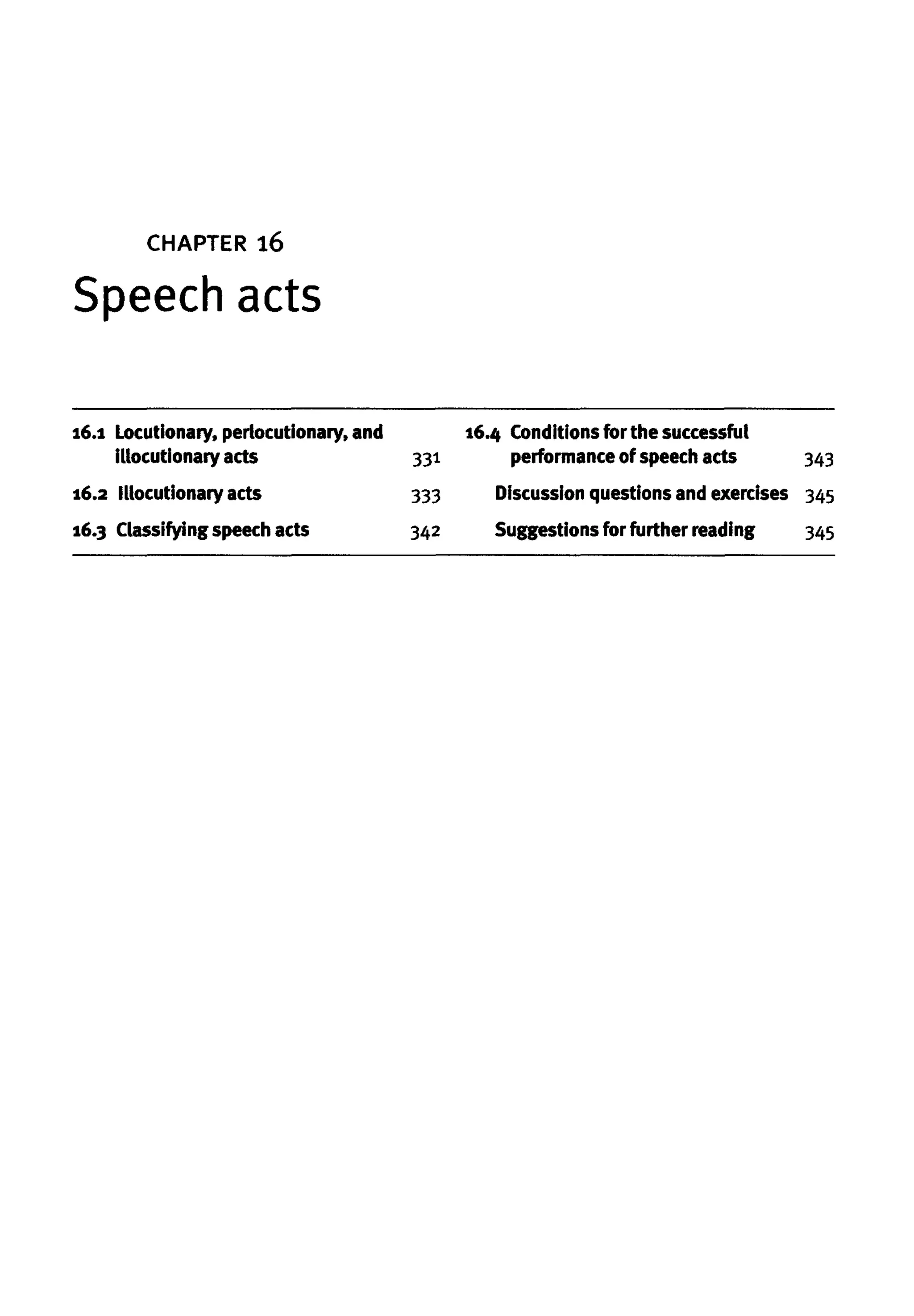 CHAPTER 16
Speech acts
16.1 Locutionary, pertocutionary, and
illocutionary acts
16.2 Illocutionary acts
16.3 Classifying speech acts
331
333
342
16.4 Conditions for the successful
performance of speech acts
Discussion questions and exercises
Suggestions for further reading
343
345
345
 