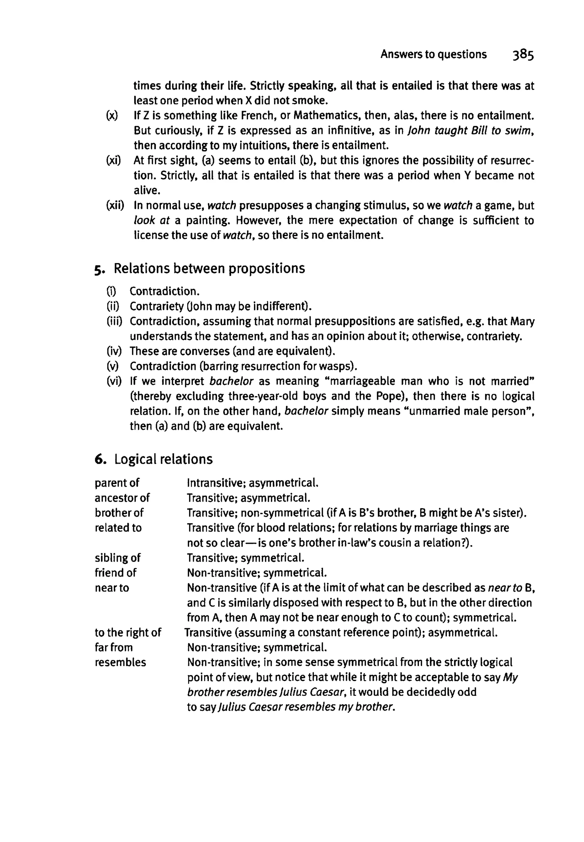 Answers to questions 385
times during their life. Strictly speaking, all that is entailed is that there was at
least one period when Xdid not smoke,
(x) If Z is something like French, or Mathematics, then, alas, there is no entailment.
But curiously, if Z is expressed as an infinitive, as in John taught Bill to swim,
then according to my intuitions, there is entailment.
(xi) At first sight, (a) seems to entail (b), but this ignores the possibility of resurrec-
tion. Strictly, all that is entailed is that there was a period when Y became not
alive,
(xii) In normal use, watch presupposes a changing stimulus, so we watch a game, but
look at a painting. However, the mere expectation of change is sufficient to
license the use of watch,so there is no entailment.
5. Relations between propositions
(i) Contradiction.
(ii) Contrariety (John may be indifferent).
(iii) Contradiction, assuming that normal presuppositions are satisfied, e.g. that Mary
understands the statement, and hasan opinion about it; otherwise, contrariety,
(iv) These are converses (and are equivalent),
(v) Contradiction (barring resurrection for wasps),
(vi) If we interpret bachelor as meaning "marriageable man who is not married"
(thereby excluding three-year-old boys and the Pope), then there is no logical
relation. If, on the other hand, bachelor simply means "unmarried male person",
then (a) and (b) are equivalent.
6. Logical relations
parent of Intransitive; asymmetrical.
ancestor of Transitive; asymmetrical.
brother of Transitive; non-symmetrical(if A is B's brother, B might beA's sister).
related to Transitive (for blood relations; for relations by marriage things are
not so clear—is one's brother in-law's cousin a relation?).
sibling of Transitive; symmetrical.
friend of Non-transitive; symmetrical.
near to Non-transitive (if A is at the limit of what can be described asnear to B,
and Cis similarly disposed with respectto B, but in the other direction
from A, then A may not be near enough to C to count); symmetrical.
to the right of Transitive (assuming a constant reference point);asymmetrical.
far from Non-transitive; symmetrical.
resembles Non-transitive; in some sensesymmetricalfrom the strictly logical
point of view, but notice that while it might be acceptable to say My
brother resembles Julius Caesar, it would be decidedly odd
to sayJulius Caesar resembles my brother.
 
