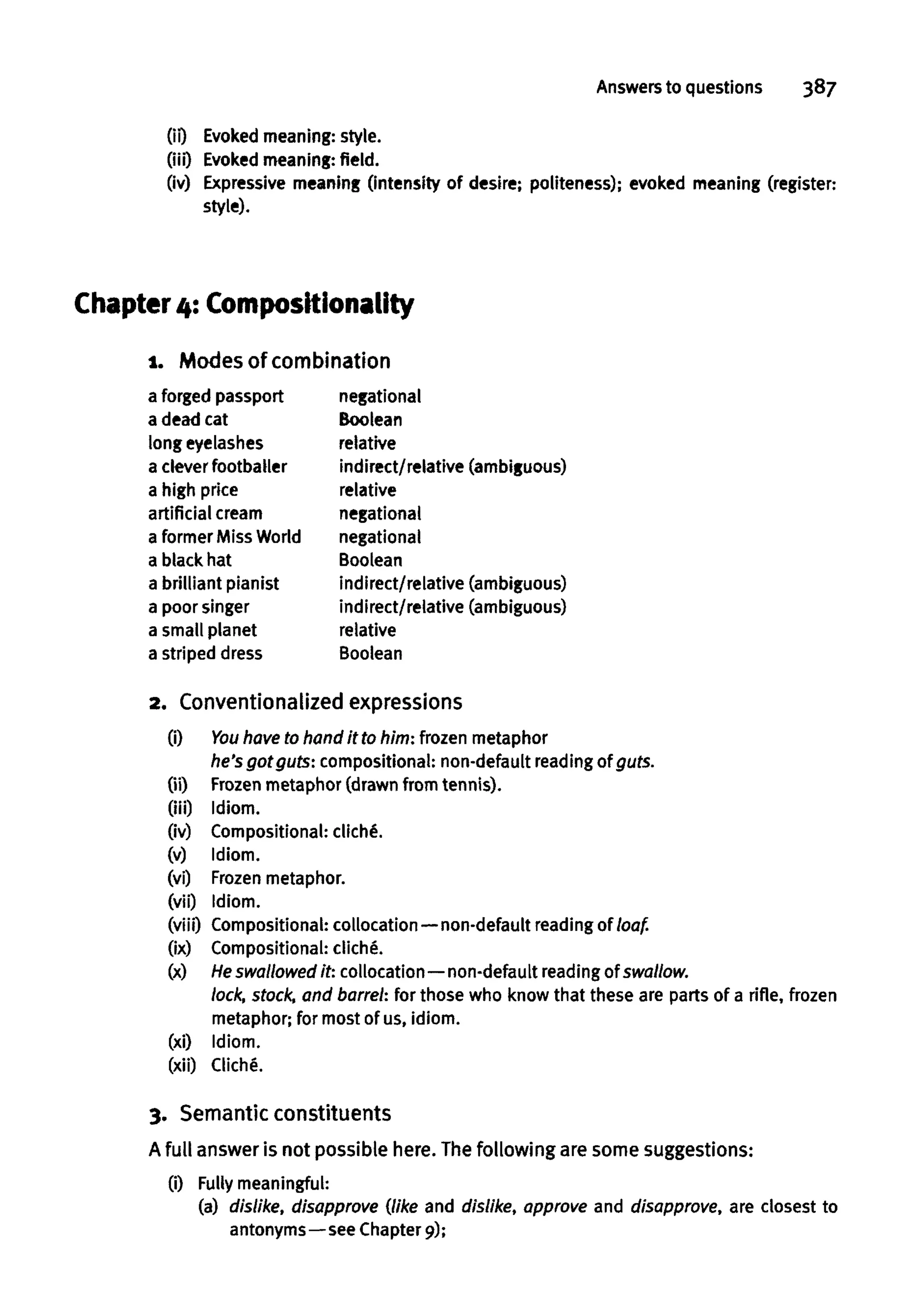 Answers to questions 387
00 Evoked meaning: style,
(iii) Evoked meaning: field.
(iv) Expressive meaning (intensity of desire; politeness); evoked meaning (register:
style).
2. Conventionalized expressions
(i) Youhave to handit to him: frozenmetaphor
he's got guts: compositional: non-default reading of guts.
(ii) Frozenmetaphor (drawn from tennis).
(Hi) Idiom.
(iv) Compositional:cliche,
(v) Idiom,
(vi) Frozen metaphor,
(vii) Idiom.
(viii) Compositional: collocation—non-default reading of loaf.
(ix) Compositional: cliche,
(x) Heswallowed it: collocation—non-default readingof swallow.
lock, stock, and barrel: for those who know that these are parts of a rifle,frozen
metaphor; for most of us, idiom,
(xi) Idiom,
(xii) Cliche.
3. Semantic constituents
A full answer is not possible here. Thefollowing are some suggestions:
(i) Fully meaningful:
(a) dislike, disapprove (like and dislike, approve and disapprove,are closest to
antonyms—see Chapter9);
Chapter 4: Compositionality
i. Modes of combination
a forgedpassport
a dead cat
long eyelashes
a clever footballer
a high price
artificial cream
a formerMissWorld
a black hat
a brilliant pianist
a poor singer
a small planet
a striped dress
negational
Boolean
relative
indirect/relative (ambiguous)
relative
negational
negational
Boolean
indirect/relative (ambiguous)
indirect/relative (ambiguous)
relative
Boolean
 