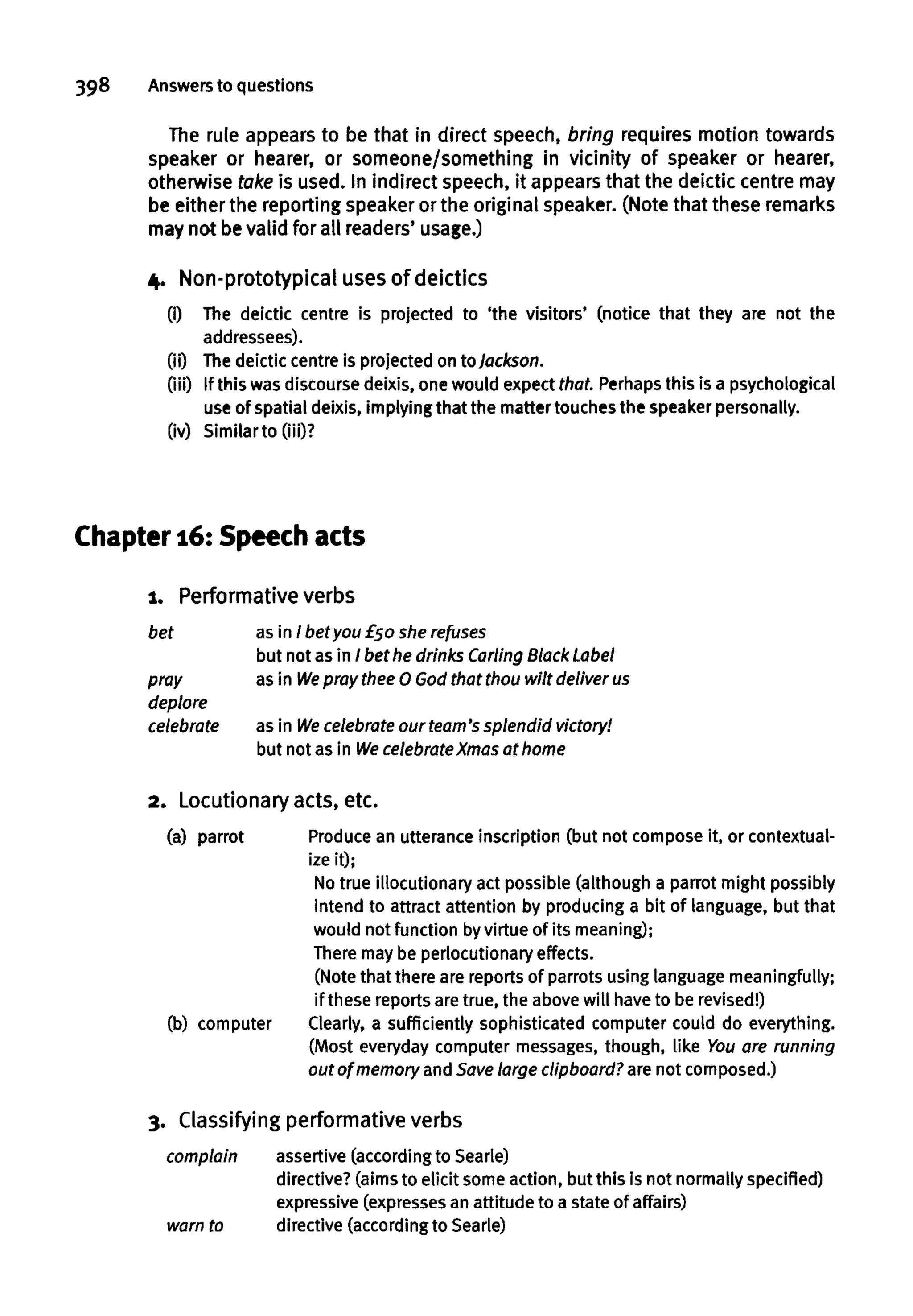 398 Answers to questions
The rule appears to be that in direct speech, bring requires motion towards
speaker or hearer, or someone/something in vicinity of speaker or hearer,
otherwise take is used. In indirect speech, it appears that the deictic centre may
be either the reporting speaker or the original speaker. (Note that these remarks
may not bevalid for all readers' usage.)
4. Non-prototypical usesof deictics
(i) The deictic centre is projected to 'the visitors' (notice that they are not the
addressees).
(ii) Thedeictic centre is projected on to Jackson.
(iii) If this was discourse deixis, one would expect that. Perhapsthis is a psychological
use of spatial deixis, implyingthat the matter touches the speaker personally,
(iv) Similar to (iii)?
Chapter 16: Speech acts
1. Performativeverbs
bet as in / bet you £50 she refuses
but not as in / bet he drinks Carling Black Label
pray as in We pray thee 0 Godthat thou wilt deliver us
deplore
celebrate as in Wecelebrate our team's splendid victory!
but not as in WecelebrateXmas at home
2. Locutionaryacts, etc.
(a) parrot Produce an utterance inscription (but not compose it, or contextual-
ize it);
No true illocutionary act possible (although a parrot might possibly
intend to attract attention by producing a bit of language, but that
would not function byvirtue of its meaning);
There may be perlocutionary effects.
(Note that there are reports of parrots using language meaningfully;
if these reports aretrue, the above will have to be revised!)
(b) computer Clearly, a sufficiently sophisticated computer could do everything.
(Most everyday computer messages, though, like You are running
out of memory and Save large clipboard? are not composed.)
3. Classifyingperformative verbs
complain assertive (according to Searle)
directive? (aims to elicit some action, but this is not normally specified)
expressive (expresses an attitude to a state of affairs)
warn to directive (according to Searle)
 